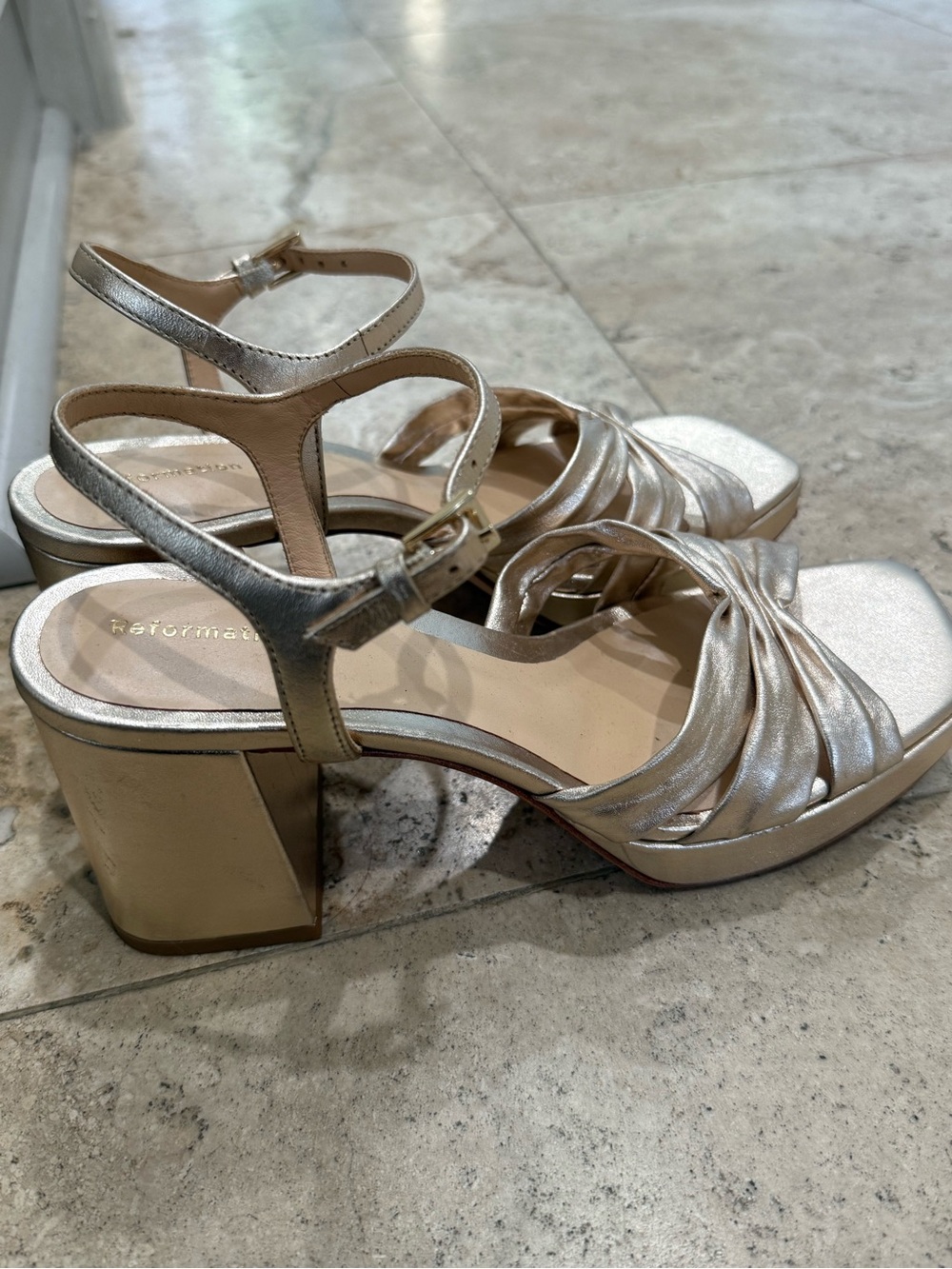 Reformation Metallic Gold Twisted Strap Block Heels - Women